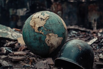 Sticker - A helmet and a globe sitting on the ground.