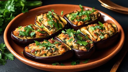 Wall Mural - Six stuffed eggplants topped with melted cheese and fresh parsley served on a round brown plate with additional parsley leaves around the plate.