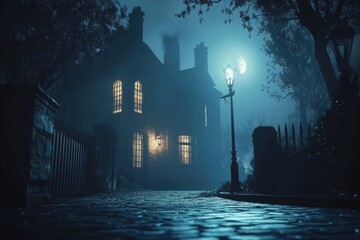 Poster - A street light shining brightly in front of a house at night, perfect for use as a background or atmosphere image.