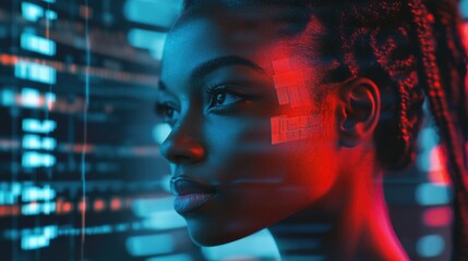 A woman's face lit up by red and blue LED lights, suitable for futuristic or technological themes.