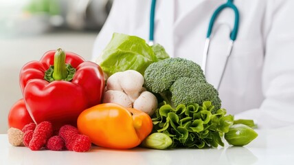 Healthy assortment of fresh vegetables and fruits held by a doctor with a stethoscope.