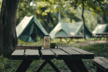 Poster - A water bottle sitting on a picnic table with no people in sight.