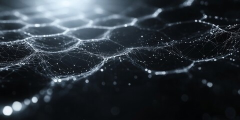 Wall Mural - dynamic polygonal shapes merging into a network of hexagons on a sleek black cyber grid, evoking a s