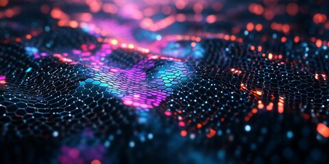 Wall Mural - dynamic abstract polygonal shapes merging into a network of hexagons on a dark cyber grid, showcasin