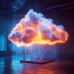 Wall Mural - neon cloud network, vibrant abstract design of intersecting neon lines, interconnected floating node