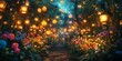 © paisorn - Enchanted garden with glowing lanterns, vibrant blooms, shimmering stars above, creating a magical evening atmosphere.