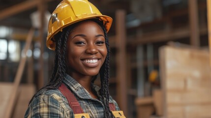 Canvas Print - Woman in hard hat and overalls, possibly on a construction site.