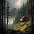 © BetiBup33 - Realistic illustration of wild pine forest with strong mist with cottage on mountain