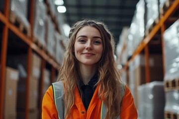 Canvas Print - A woman wearing an orange jacket stands in a warehouse, likely waiting for something or someone.