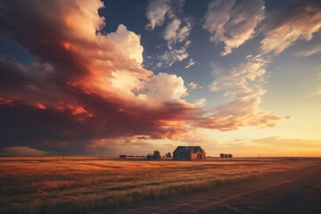 Canvas Print - Sunset over a farm outdoors horizon nature.