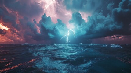 Wall Mural - dramatic seascape with lightning illuminating stormy clouds.