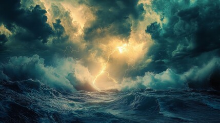 Wall Mural - dramatic seascape with turbulent waves and lightning in the sky.