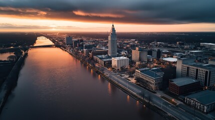 Wall Mural - Aerial view of a cityscape at sunset featuring a river running through downtown with high-rise buildings, streets, and a bridge in the distance.