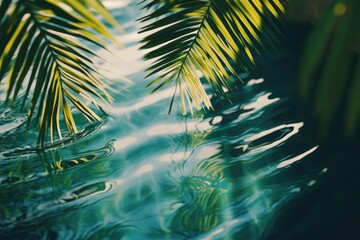 Sticker - Close-up image of a palm leaf submerged in water.