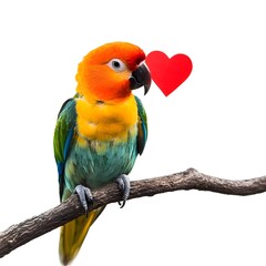 A colorful parrot perches on a branch with a red heart.