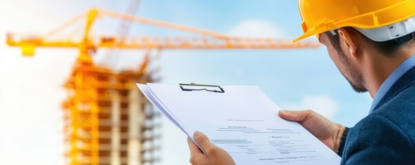 Construction worker reviewing plans at a building site with crane in background.