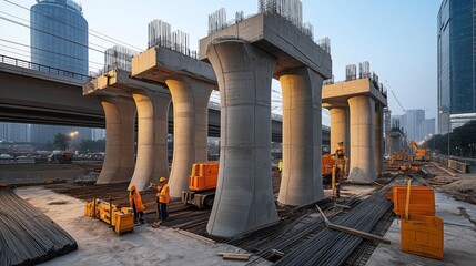 Canvas Print - Construction site of an elevated bridge with large concrete pillars, workers in orange safety vests and helmets, and heavy construction machinery in an urban area.