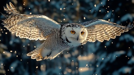 Wall Mural - Snowy owl in flight against a backdrop of falling snow.