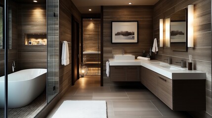 Poster - Modern bathroom with freestanding bathtub, double sink vanity, glass-enclosed shower, wooden wall and floor tiles, and ample lighting fixtures.