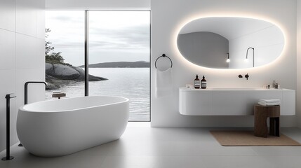 Poster - Minimalist bathroom with a freestanding bathtub, large illuminated mirror, and modern fixtures. The room has a view of a calm lake and rocky landscape through a large window.