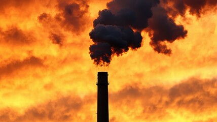 Smoke billowing from a chimney against a dramatic sunset sky.