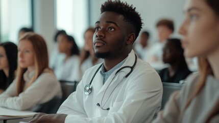 Poster - A medical professional leads a group of people, using a stethoscope to examine them.