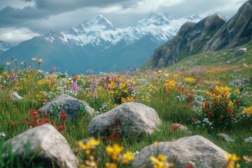 Sticker - A beautiful field of colorful flowers with mountains in the background, suitable for use as a wallpaper or in an editorial context.