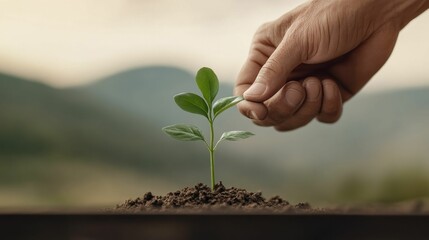 A hand planting a small seedling in soil, symbolizing growth and care, with mountains softly blurred in the background for a natural landscape context.