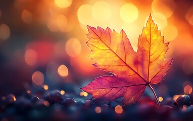 Aufkleber - A close-up of a vibrant autumn leaf against a soft, glowing background, showcasing warm colors and bokeh effects.