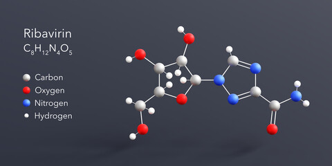 Wall Mural - ribavirin molecule 3d rendering, flat molecular structure with chemical formula and atoms color coding