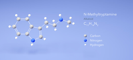 Poster - n-methyltryptamine molecule, molecular structure, alkaloid, 3d model, Structural Chemical Formula and Atoms with Color Coding