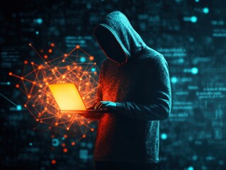 A mysterious figure in a hoodie uses a glowing laptop, surrounded by digital data and abstract connections, embodying modern technology.