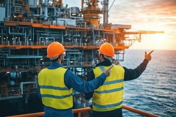 Sticker - Two workers in safety gear examine an oil platform.