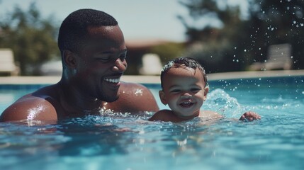 Sticker - A man and a young child enjoying time together in a swimming pool.