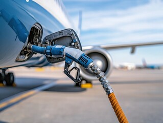 A close-up of an airplane refueling with a fuel nozzle, showcasing aviation fuel service at an airport.