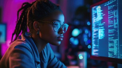 Canvas Print - A woman wearing glasses sits in front of a computer screen, focused on her work.