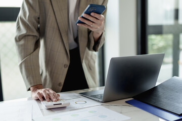 Wall Mural - Businesswoman working with data spreadsheet documents at workplace