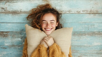 A relaxed woman lies on a wooden floor with her eyes closed, clutching a cozy pillow, depicting ultimate relaxation and contentment in a rustic, tranquil setting.