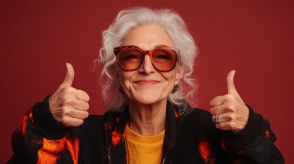 Senior woman with white hair and sunglasses gives thumbs up, smiling against a red background, wearing a stylish jacket, exuding confidence and positivity.