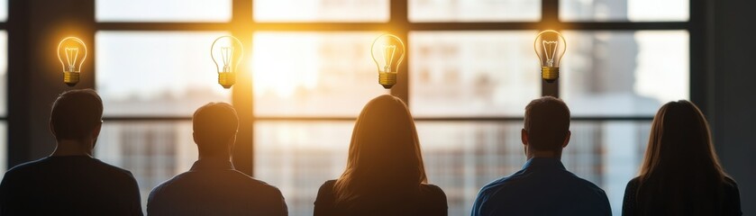 Wall Mural - silhouetted group of people with light bulbs above their heads, symbolizing ideas and creativity at 