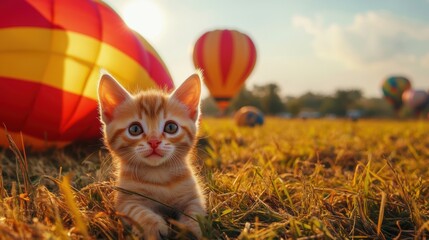 Wall Mural - Kitten and Hot Air Balloons.