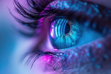 Poster - Purple and blue eye with the word blue eyes portrait headshot.