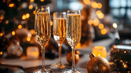 Exquisite Champagne Themed New Year 2025 Party with Elegant Champagne Glasses Sparkling Golden Bubbles and a Luxurious Atmosphere  Celebrate the new year in style with this lavish and festive scene