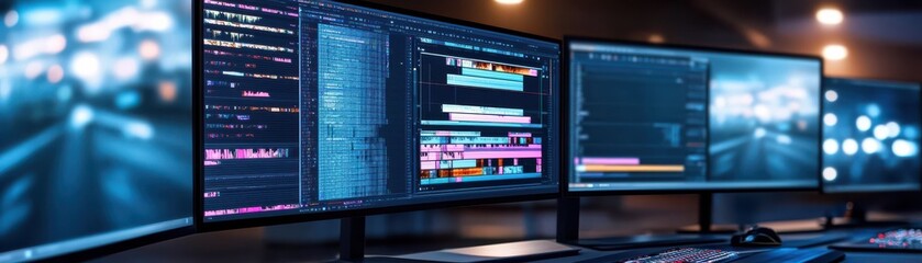 A modern workspace featuring multiple monitors displaying coding and programming data, ideal for tech and development projects.