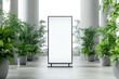 © Fotograf - Close-up of blank signs placed among greenery of potted plants, ideal for decoration or signage.