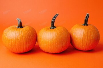 Wall Mural - Three real orange pumpkins sit on a warm orange surface, perfect for fall or harvest-themed designs.