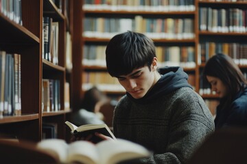 Poster - A person sitting in a quiet library surrounded by books, engrossed in a novel.