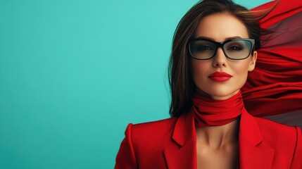 A stylish woman sports a striking red outfit with a vibrant scarf and dark glasses, exuding confidence and elegance against a bright blue background.