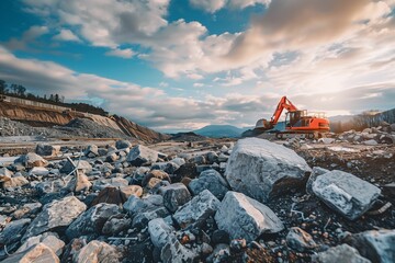 Construction Excavator Working on Rocky Site with Scenic Mountain Background