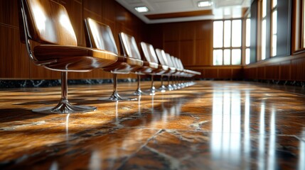 Empty conference room with a row of polished wooden chairs, illuminated by large windows, highlighting the glossy floor and creating a serene atmosphere.